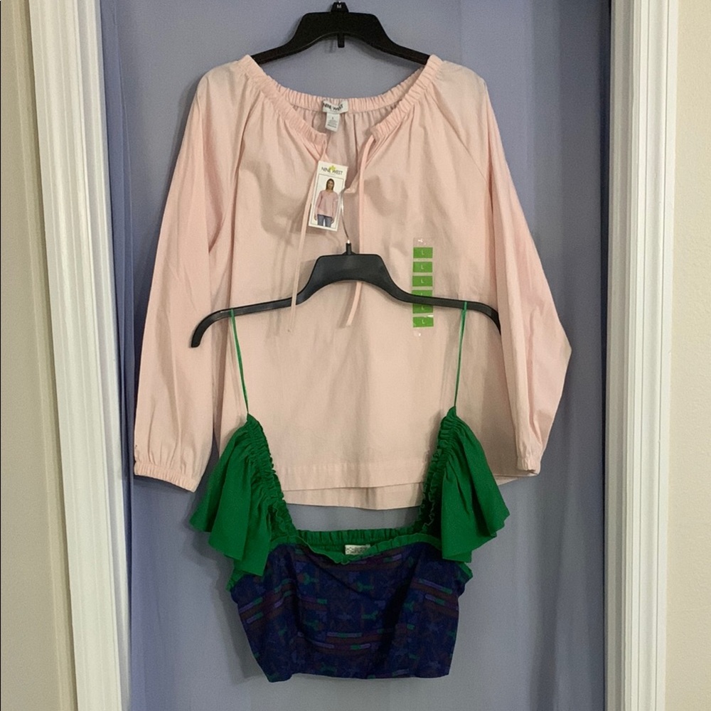 Nine West & Rachel Zoe 2 Pc BUNDLE Sz L - Pink Blouse and Green Crop Top Set